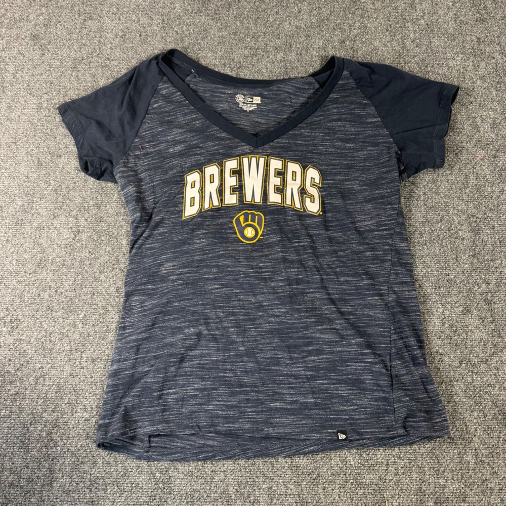 New‎ Era Milwaukee Brewers MLB Womens XL V-Neck Raglan Space Dye T-Shirt Blue